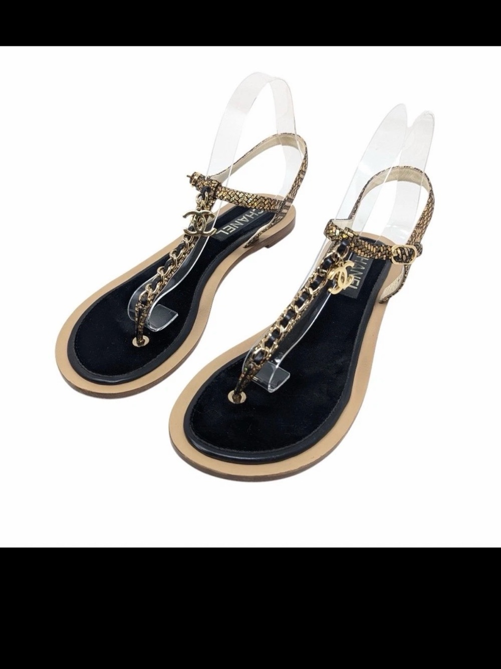 CHANEL Black & Gold Chain T-Strap Sandals